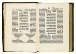 Two pages of a 16th-century Talmud (Tractate Me’ilah, sixth perek). The Hebrew letters of the Talmud are arranged at the center of each page in a column, surrounded by two columns of commentary text on each side. In the left page, the commentaries conclude at the bottom of the page in an hourglass formation of text.
