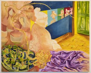 A blend of styles come together to create this montage composition. In the center of the painting is a silhouette of a faceless woman in profile. She is painted in peach with veins visible along her back. In the foreground, at the bottom of the painting, is a tangled yellow vine and a creased purple fabric. The yellow vine leads from the form to the lower left corner filled with miniature trees clustered together. The vine moves upward to the upper left corner of an abstract scene of faceless people in a cafe. The yellow vine continues to the background, along a dark blue wall. The wallpaper includes individual yellow, blue, green, red, and purple squares with a silhouette of a Disney character on each one. In the upper right corner is a green door. The vine wraps around the wooden door frame into a glowing light. The door is slightly ajar. Seedlings poke through cracks in the floor in the room.