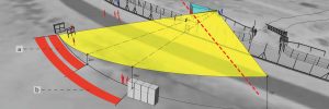 The digital image maps the shooting of Abu Rahma. Abu Rahma is depicted as a green figure in the uppermost portion of the image. Outward from him a yellow fan extends over a figural separation barrier and towards soldiers, depicted as red figures, in the center and bottom of the image. The yellow fan intersects with two red figures on the left side of the image.