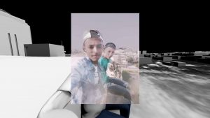 A selfie of two Palestinian teenagers, Luai Kahil and Amir al-Nimrah, is superimposed on a digitally constructed landscape of gray objects and formations. In the selfier, the teenagers sit side by side, turning their torsos toward the camera. Some white buildings in the background are perceptible.