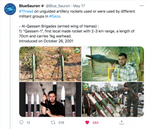 Screenshot of Tweet. The Tweet reads: “#Thread on unguided artillery rockets used or were used by different militant groups in #Gaza. - Al-Qassam Brigades (armed wing of Hamas): 1) 
