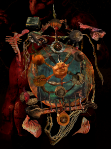A lopsided structure reminiscent of the kabbalistic tree of life built from non-objective snippets of found images, with a dark, womb-like ambiance. Glimpses of the composition's influences - the faces of anti-semitic statues, the spines of burned books, internal organs, and tzitzit - are visible amongst the otherwise abstract forms which comprise the tree. 