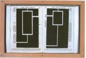 Two pages of a Talmud (Tractate Pesachim). The text is completely covered in black crayon ink except for a handful of white lines (uncrayoned portions of the page) that mark entry and exit points into the main body of text. 