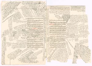 A double-page manuscript of an Arabic-language legal codex covered in marginal and interlinear notes. The notes fan out from the center of the double-page containing the text of the codex itself. The notes appear in different sizes, handwritings, and inks. There are two portions of the codex text that are red.