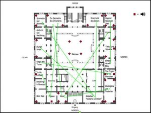 A digital sketch on a map of the Taswir exhibition rooms in the Gropius-Bau Berlin. The map shows the “Madrasa” at the center surrounded by 18 small rooms, each labeled with that room’s exhibition theme. 10 lime green lines are drawn across the map connecting pairs of rooms around the “Madrasa.”