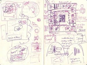 A notebook page with purple scribbles outlining the design of the Taswir exhibition. The sketched design in the upper-right corner resembles an earlier stage of the digital map of the Taswir exhibition in the composer’s notebook above. Various overlapping and concentric circles as well as adjoining squares and rectangles fill the rest of the page.