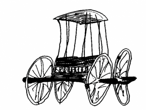 A black-and-white illustration of a primitive chariot made entirely of wood. The chariot has four large wheels and a carriage on top. The illustration is drawn sloppily and appears somewhat distorted.