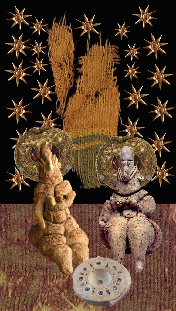 Two clay goddess figurines sit side by side. Gold Al-Uzza earrings with semiprecious stones are cropped and placed behind each figurine's head like a halo. A cosmetic palette is by the figurines' feet overlapping one of each of their legs. The background at the top of the collage is black with golden stars framing an ancient, frayed textile. The background in the bottom of the composition is a pixelated textile.