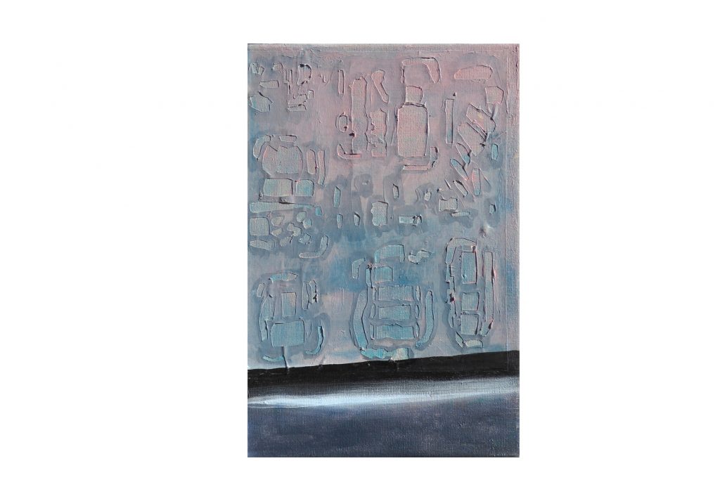 A vertical image of a painting on top of a piece of cut paper on canvas. The paper layer has 9 clusters of images of a painting (page 13) with brush strokes cut out. This produces a rigid texture. On top of the paper is grey, neutral pink, and cerulean blue muddily blended together. On the bottom third of the painting, there is a harsh black rectangle with light blue lighting it from underneath with dark grey filling in the bottom.